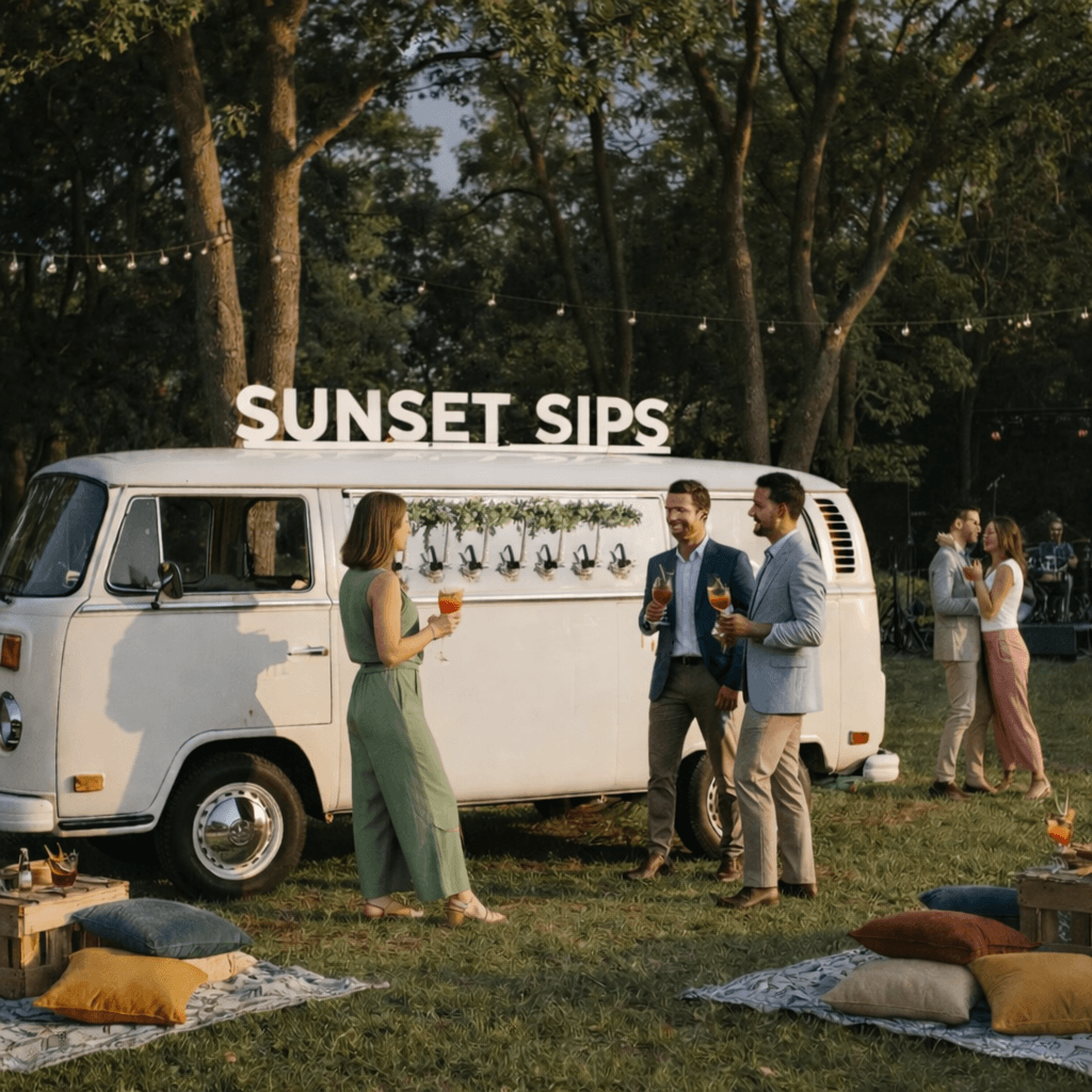 Guests enjoy drinks by a white vintage mobile bar van at an outdoor sunset event.