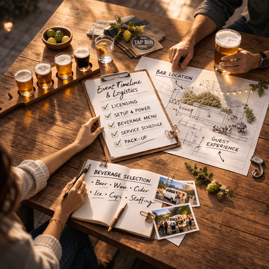 People planning a mobile bar event with beer flights, checklists, and maps on a table.