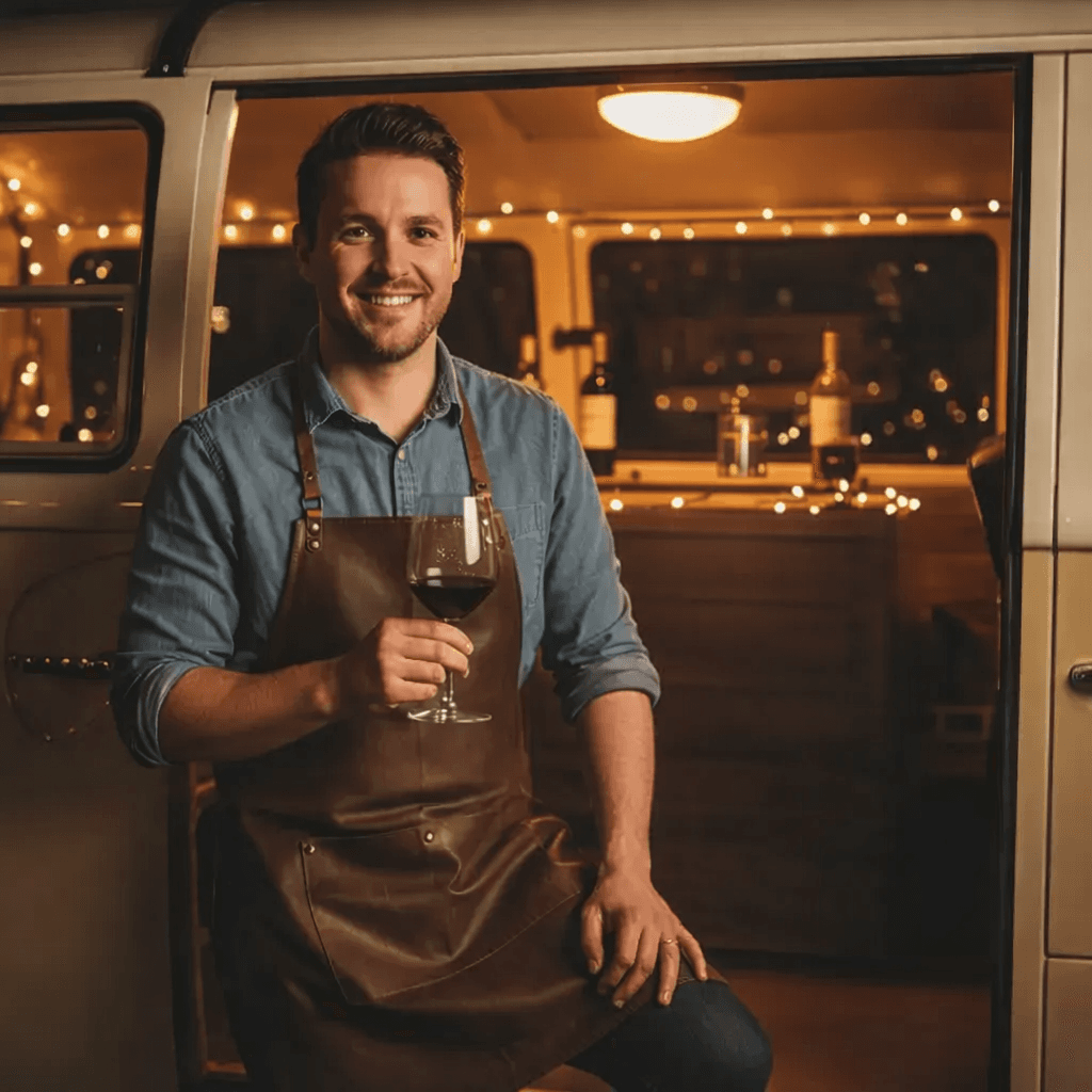 Smiling man in leather apron holds red wine inside a cozy, fairy-lit van bar.