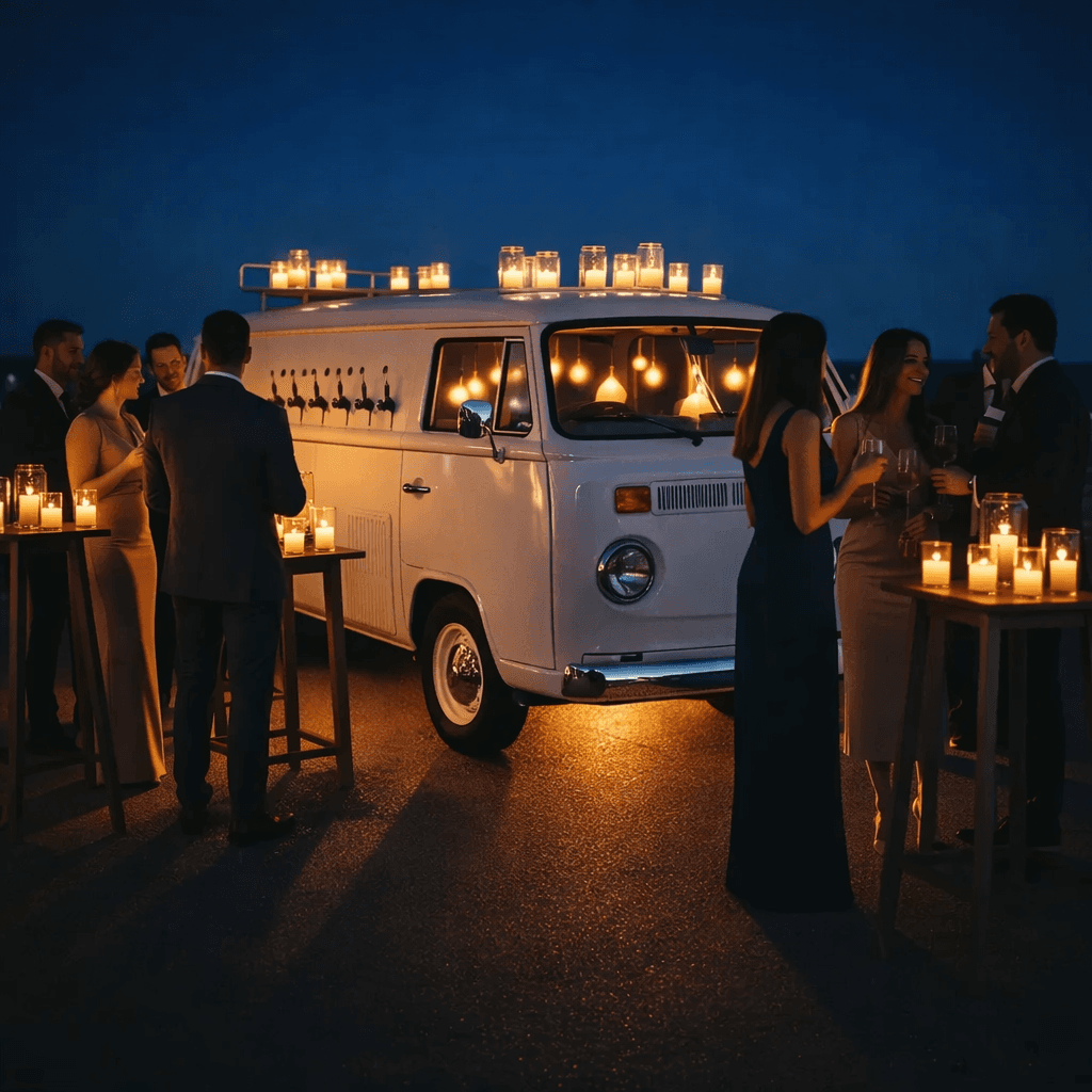 Guests in formal attire socialize around a white vintage van bar illuminated by warm candlelight.